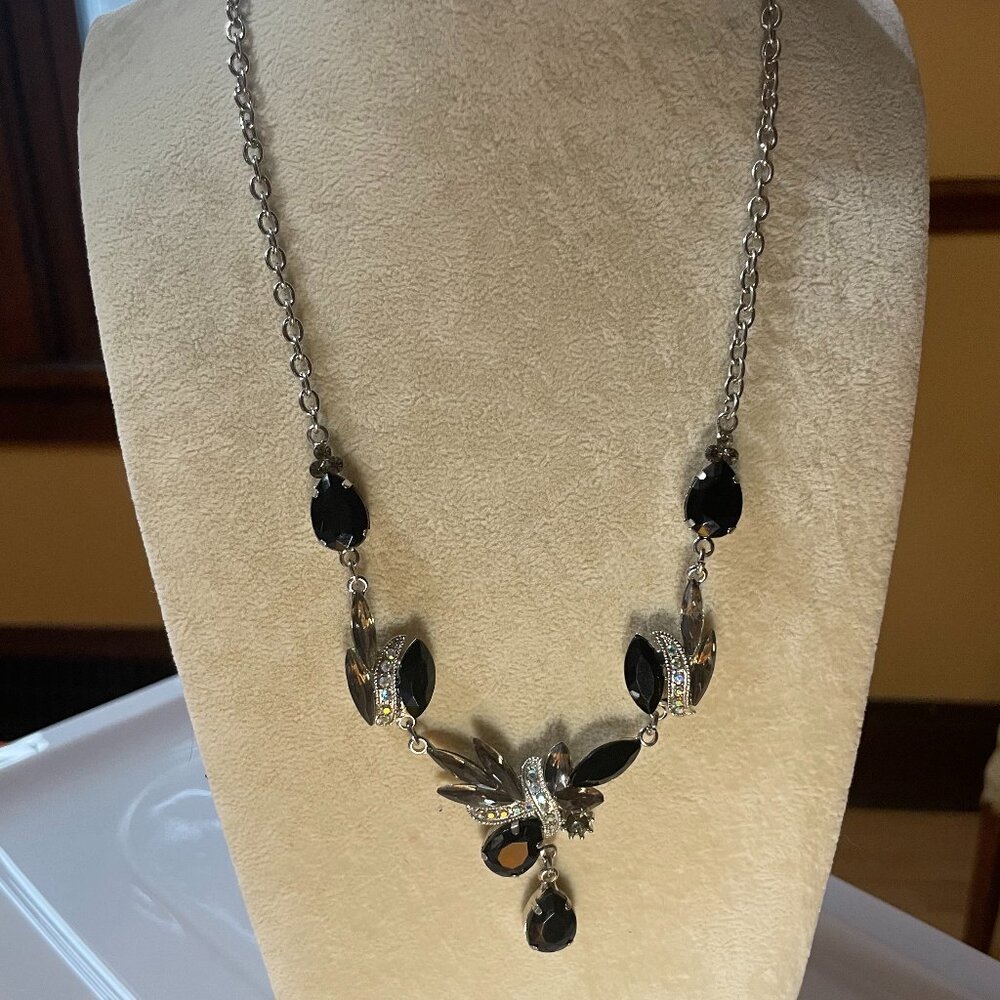Black Stone  and Silver Toned Necklace with Rhinestones